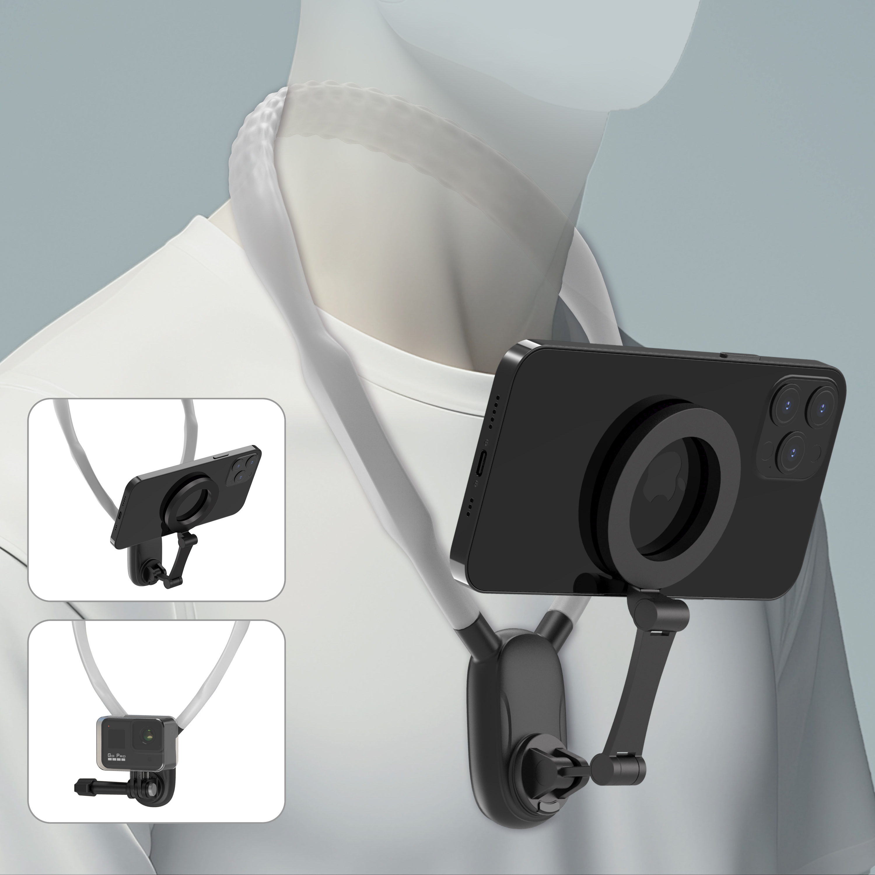 Magnetic Neck Mount for Phones, Neck Cell Phone Holder POV/Vlog Selfie Mount Hand Free Phone Neck Holder Chest Stand Strap Video Recording for iPhone 15 14 13 12 Series Android Phones