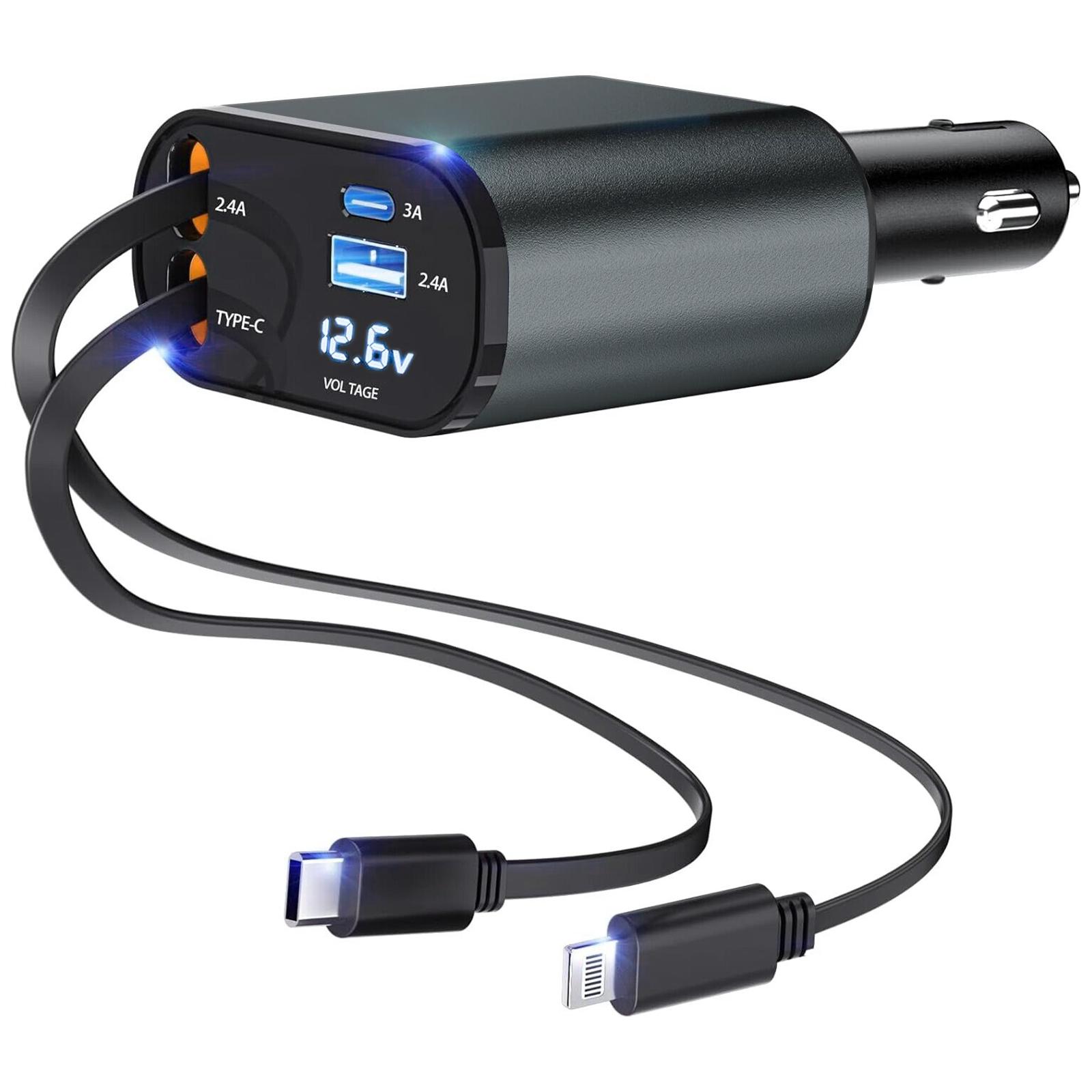 4 in 1 Retractable Car Charger, USB C Fast Charging Adapter[Max100W] with Lightning Cable&Dual Charge Port Compatible with iPhone 15/14/13 Pro Max Plus/iPad/AirPods,Samsung Galaxy S23/S22/S10,Google