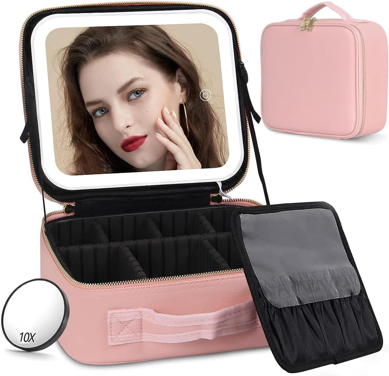 Makeup Bag with Mirror and Light Travel Makeup Train Case Cosmetic Bag Organizer Portable Artist Storage Bag with Adjustable Dividers Makeup Brushes Storage Organizer
